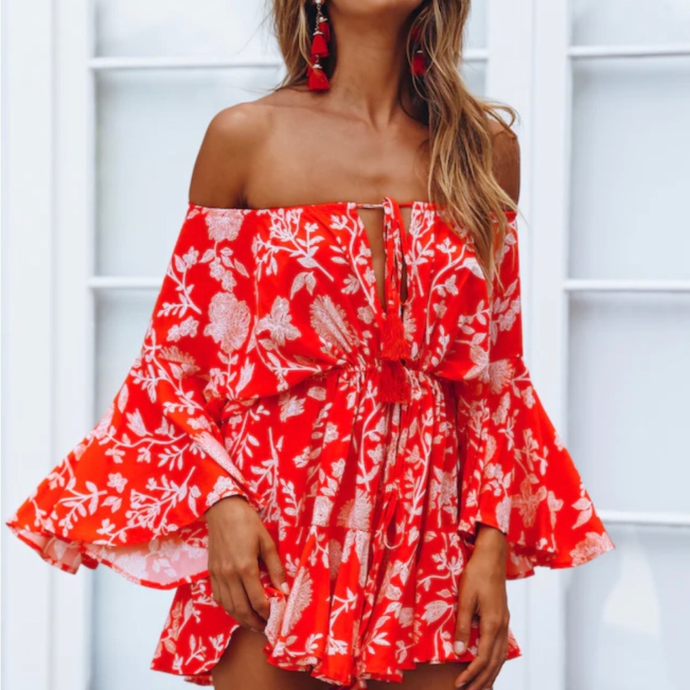 Hello Molly Red Floral Off-Shoulder Romper